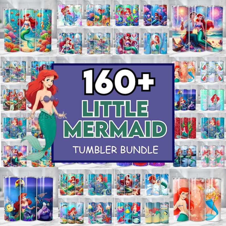 K&ouml;nnte beinhalten: Eine Sammlung von Trinkbechern zum Thema Die kleine Meerjungfrau, mit verschiedenen Designs mit Arielle und anderen Charakteren. Die Becher zeigen leuchtende Farben und detaillierte Illustrationen, mit dem Text "160+ LITTLE MERMAID TUMBLER BUNDLE".