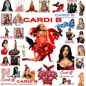 Puede incluir: Un collage de imágenes con Cardi B, con varias poses y atuendos. Las imágenes incluyen texto que dice "CARDI B" y "Little Miss Drama Tour". La paleta de colores está dominada por el rojo, el negro y el dorado.