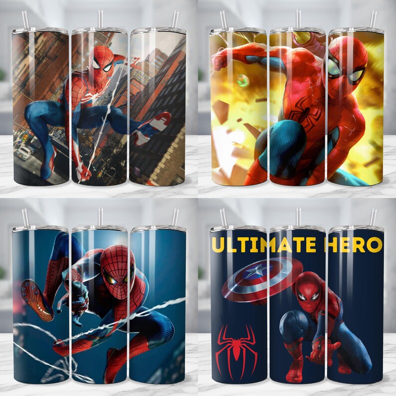 Op de afbeelding: Een verzameling van vier roestvrijstalen bekers met Spider-Man. Elke beker toont de superheld in actieposes, met levendige rode, blauwe en zwarte kleuren. E&eacute;n beker heeft de tekst "ULTIMATE HERO" en een Captain America-schild.