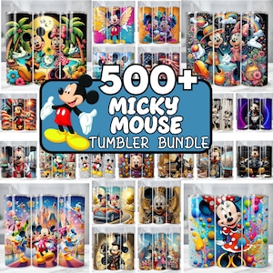 May include: A collection of stainless steel tumblers featuring various designs of Mickey Mouse and Minnie Mouse. The tumblers showcase colorful artwork, including images of the characters, landscapes, and themed patterns. The text "500+ MICKY MOUSE TUMBLER BUNDLE" is displayed.