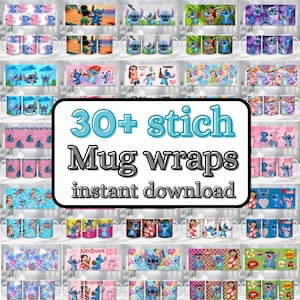 以下が含まれることがあります： リロ＆スティッチのキャラクター、スティッチをフィーチャーしたマグカップのコレクション。マグカップは、さまざまなポーズや設定のスティッチを含む、さまざまなデザインを展示しています。画像には「30+ stitch Mug wraps instant download」と書かれています。