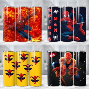Op de afbeelding: Een verzameling van vier verschillende ontwerpen van roestvrijstalen bekers met de superheld Spider-Man. De bekers tonen verschillende actieposes en afbeeldingen, met levendige kleuren en een strak, modern ontwerp. Elke beker bevat een rietje.