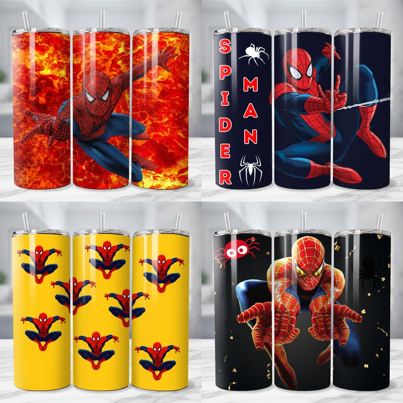 Op de afbeelding: Een verzameling van vier verschillende ontwerpen van roestvrijstalen bekers met de superheld Spider-Man. De bekers tonen verschillende actieposes en afbeeldingen, met levendige kleuren en een strak, modern ontwerp. Elke beker bevat een rietje.