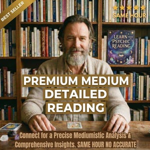 May include: An image of a man with a beard in front of a bookshelf. Text on the image reads "PREMIUM MEDIUM DETAILED READING". A book titled "LEARN YOUR PSYCHIC READING" is visible. The image also includes the text "BEST SELLER" and "SAME HOUR".