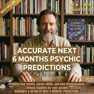 May include: An image featuring a man with a beard in front of a bookshelf. Text overlay reads "ACCURATE NEXT 6 MONTHS PSYCHIC PREDICTIONS." A book titled "LEARN YOUR PSYCHIC READING" is visible. The image promotes psychic readings and predictions.