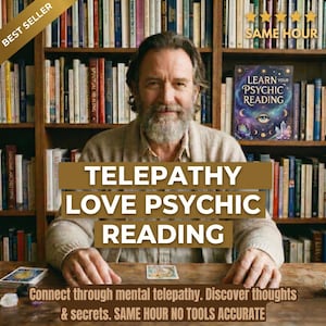 May include: An image featuring a man with a beard, in front of a bookshelf. Text on a banner reads "TELEPATHY LOVE PSYCHIC READING." A book titled "LEARN YOUR PSYCHIC READING" is visible. The image also includes the text "BEST SELLER" and "SAME HOUR."