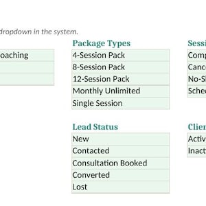 May include: A digital setup interface for Amadia Fitness Coaching, featuring input fields for business name, currency symbol, and owner name. It includes categorized lists for package types, session status, payment status, lead status, client status, and renewal status.