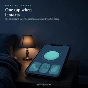 May include: A smartphone displaying a migraine tracker app with a central teal circle and three lower icons. Text reads: MIGRAINE TRACKER, One tap when it starts, The clock starts now. The details can wait until you feel better.
