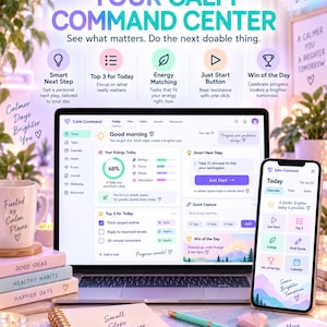 May include: A digital planning system displayed on a laptop and smartphone screen, featuring the text Your Calm Command Center. The interface includes sections for Smart Next Step, Top 3 for Today, Energy Matching, Just Start Button, and Win of the Day.
