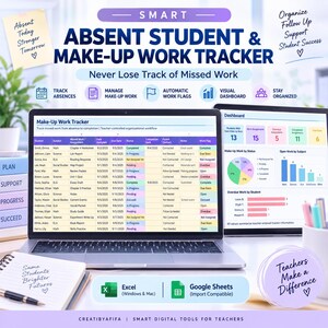 Puede incluir: Una herramienta digital de seguimiento de estudiantes ausentes y trabajos de recuperación en dos pantallas de ordenador. La interfaz muestra una hoja de cálculo para gestionar tareas, fechas de entrega y estados, junto a un panel de control.