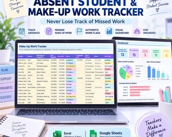 Absent Student Make Up Work Tracker, Missing Assignment Tracker, Teacher Spreadsheet, Excel & Google Sheets