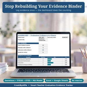 Teacher Evaluation Evidence Tracker Spreadsheet, Danielson Evidence Binder Organizer with Dashboard, Excel & Google Sheets