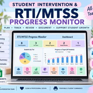 Op de afbeelding: Een laptopscherm met een RTI/MTSS voortgangsmonitor dashboard met grafieken, diagrammen en gegevenstabellen. De interface bevat secties voor leerlingoverzicht, interventieplanning, voortgangsbewaking en vergaderlogboeken in digitaal formaat.