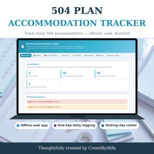 Könnte beinhalten: Ein digitales 504 Plan Accommodation Tracker Dashboard auf einem Laptop-Bildschirm. Die Benutzeroberfläche enthält Registerkarten für Schüler, Unterkünfte und Protokolle sowie Zusammenfassungsfelder für aktive Schüler.