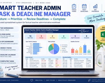 Teacher Task Tracker Spreadsheet, Deadline Planner & Admin Task Manager, Teacher Organizer, Excel ,Google Sheets