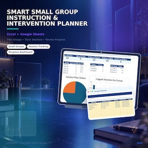 May include: A digital planner for small group instruction and intervention, compatible with Excel and Google Sheets. The interface displays a dashboard with session tracking, progress charts, and a group planner table for managing student data.