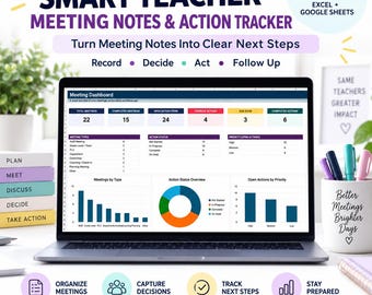 Teacher Meeting Notes Tracker, Action Item & Follow Up Spreadsheet, Staff Meeting Organizer, Excel , Google Sheets