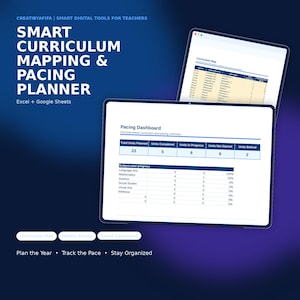 May include: A digital curriculum mapping and pacing planner for Excel and Google Sheets displayed on two screens. The text reads Smart Curriculum Mapping & Pacing Planner, Pacing Dashboard, and Plan the Year, Track the Pace, Stay Organized.