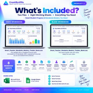 May include: A digital teacher tracker tool featuring a demo workbook with populated data and a blank workbook for class use. Includes eight working sheets for assessment, dashboard, and student progress tracking, compatible with Microsoft Excel and Google Sheets.