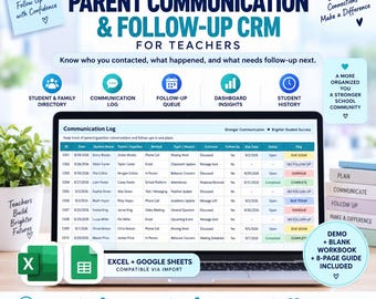 Parent Communication Log for Teachers, Follow Up Tracker Spreadsheet, Parent Contact Log, Excel & Google Sheets