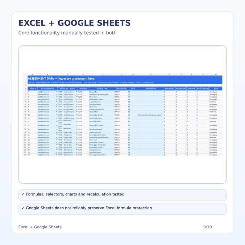 May include: A digital spreadsheet interface titled EXCEL + GOOGLE SHEETS displaying assessment data. The table includes columns for record ID, assessment period, student name, student ID, standard, standard code, score, and performance band.