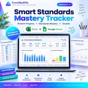 May include: A digital Smart Standards Mastery Tracker tool for teachers, displayed on a laptop screen showing a Class Mastery Dashboard with bar charts, metrics, and progress data. Compatible with Excel and Google Sheets, it features visual dashboards, small group planning, and growth tracking for student assessment.