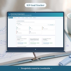 May include: A laptop screen displaying the IEP Goal Tracker & Progress Reporter software interface. The dashboard shows a caseload summary with active students, goals, and progress charts for tracking educational objectives and data.