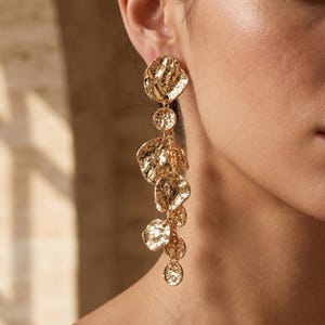 May include: A long gold-toned drop earring featuring a series of connected, hammered metal discs of varying sizes. The earring has a textured, reflective surface and hangs vertically from the earlobe in a cascading, multi-layered arrangement.