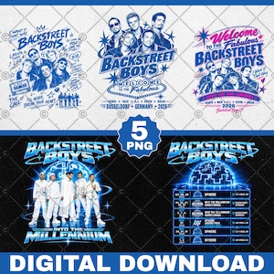 May include: A digital download set of five Backstreet Boys graphic designs in blue and white. The images feature band member portraits, concert tour text, song titles, and event schedules for 2026 and 2027, including locations like Las Vegas and Germany.