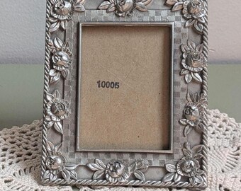 Cornice portafoto vintage color argento con rose, piccola cornice floreale, decorazione romantica