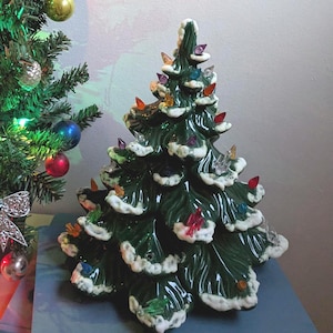 Vintage 12" Ceramic Christmas Tree Replacement Tree Snow Flocked Birds No Light Base Holiday Decor