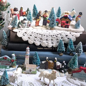 Vintage Miniature Christmas Village Lot Putz Trees Tiny Figurines Dollhouse Winter Scene Holiday Decor