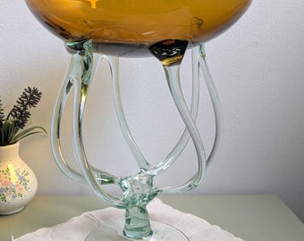Vintage Sculptural Art Glass Pedestal Bowl, Amber Glass Centerpiece, Murano Style Compote Bowl, Hand Blown Glass Decor, Modernist Glass Art