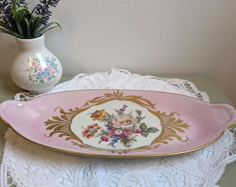 Vintage Limoges France Porcelain Serving Tray Pink and Gold Floral Handled Dish Romantic Cottage Decor