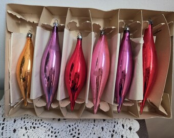 Vintage Glass Christmas Ornaments Set of 6 – Retro Teardrop Decorations