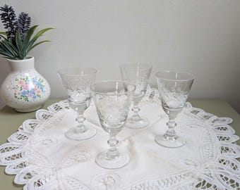 Set van 4 vintage kristallen likeurglazen, glaswerk, geëtste borrelglaasjes, cordial-glasset, elegant bargerei - vervangend glas