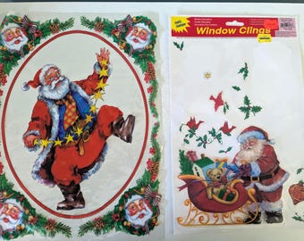 Vintage Christmas Window Clings Large Santa Retro Holiday Window Decorations Static Cling Set