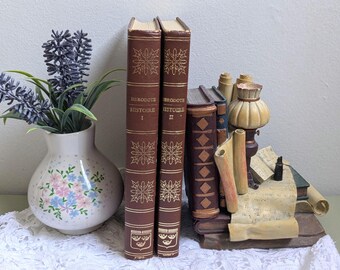 Vintage French Herodotus Books Set, 1964 Histoire Vol I & II, Brown Gold Hardcover, Dark Academia Library Decor