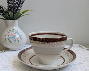 Vintage Swinnertons Staffordshire Teacup and Saucer, Burgundy Gold Trim, Made England