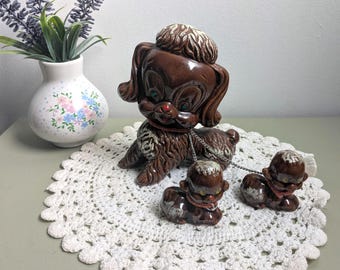 Vintage Ceramic Spaghetti Poodle Family Figurine Japan, Kitschy Dog Figurines, Mid Century Puppy Set, Retro Brown Poodle Decor