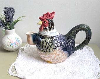 Teiera vintage a forma di gallo in ceramica, dipinta a mano, decorazione da cucina in stile rustico, oggetto da collezione proveniente da Taiwan.