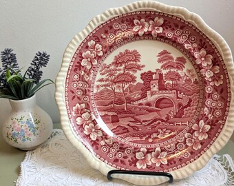 Vintage Copeland Spode’s Tower Red Transferware Plate, Made in England, Scalloped Dinner Plate, English Cottage Decor, Red and White Plate