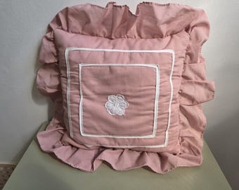 Vintage Pink Ruffled Pillow White Floral Applique Cottagecore Boudoir Decor