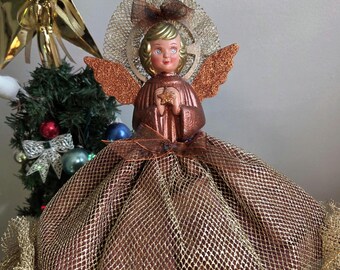 Vintage Style Christmas Angel Tree Topper Burgundy Gold Mesh Dress