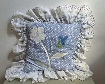 Vintage Blue Floral Ruffled Pillow Applique Cottagecore Country Decor