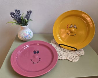Vintage Style Happy Face Plates Set of 2 Pink Yellow Whimsical Decor