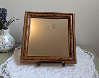 Vintage Floral Wood Frame Square Mirror, Cottagecore Farmhouse Accent Mirror
