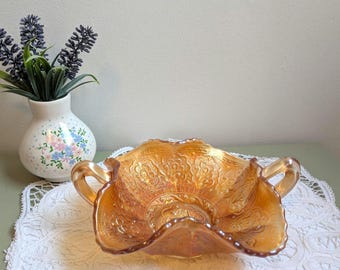 Vintage Carnival Glass Bowl with Handles Amber Iridescent Ruffled Edge Floral Pattern Art Glass Centerpiece