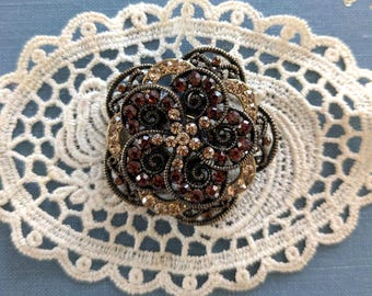 Vintage Rhinestone Brooch – Brown & Champagne Crystal Floral Pin – Antique Style Round Brooch