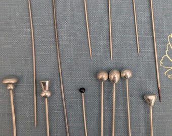 Lot of 13 Vintage Hat Pins Black Silver Tone Millinery Stick Pins 3 to 5 Inch